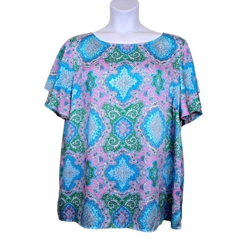 Talbots Womens Pink Blue Flutter Sleeve Paisley Print Silky Satin Blouse Size 3X
